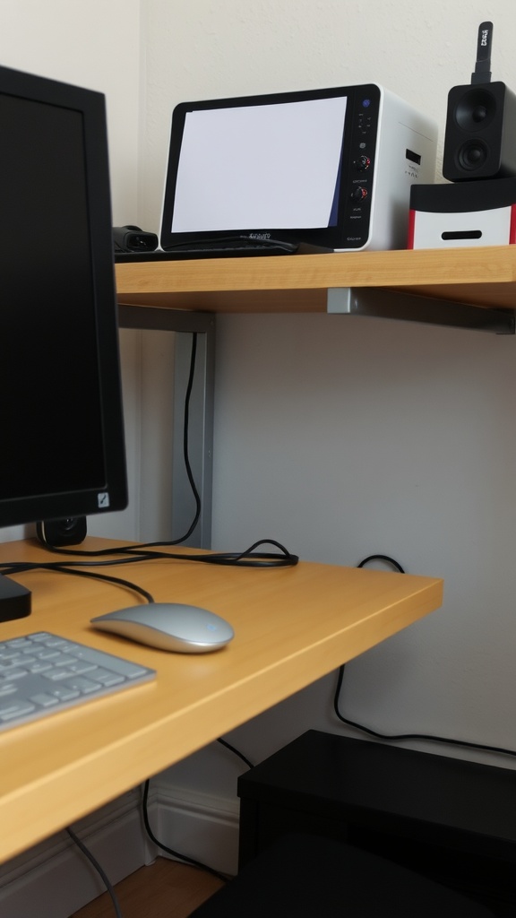 An organized home office desk with minimal visible cables and electronic devices