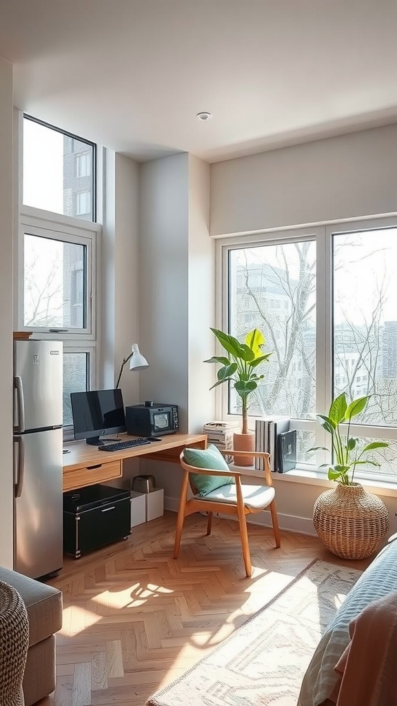 A bright and modern guest bedroom and home office combination featuring a workspace by the window, plants, and a sleek fridge.