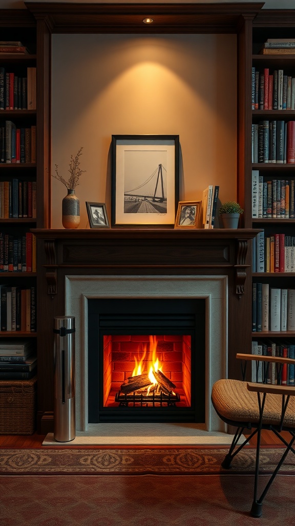 A cozy home office featuring a small fireplace surrounded by bookshelves and decorative items.