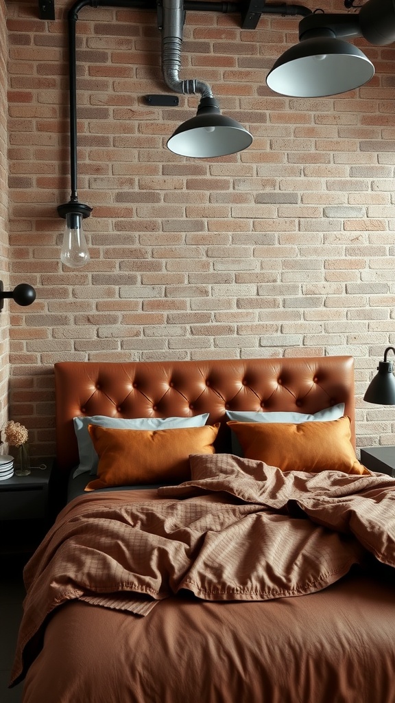 Modern industrial bedroom with leather headboard and warm bedding