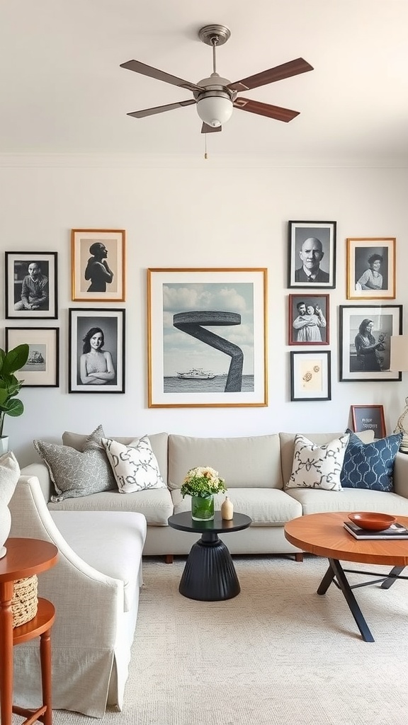 Cozy living room with a gallery wall featuring framed photos and art, plants, and comfortable furniture.