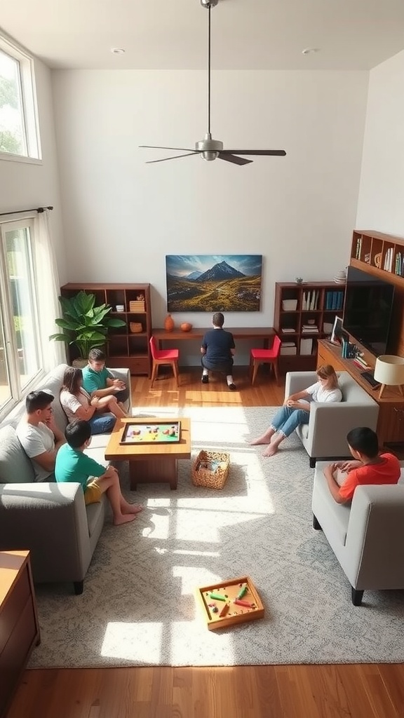 A cozy family living room with a group of people enjoying time together, featuring a fireplace and a central coffee table filled with games and snacks.