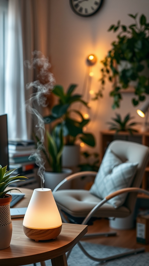 A cozy home office featuring a diffuser emitting steam, surrounded by plants and warm lighting.