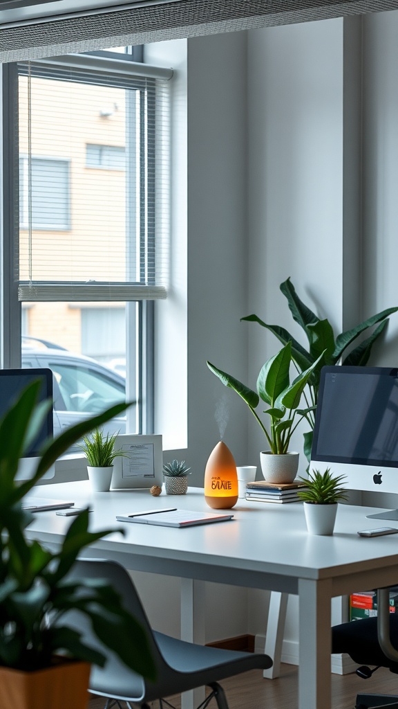 A modern office space featuring a diffuser emitting mist, surrounded by plants and a clean desk setup.