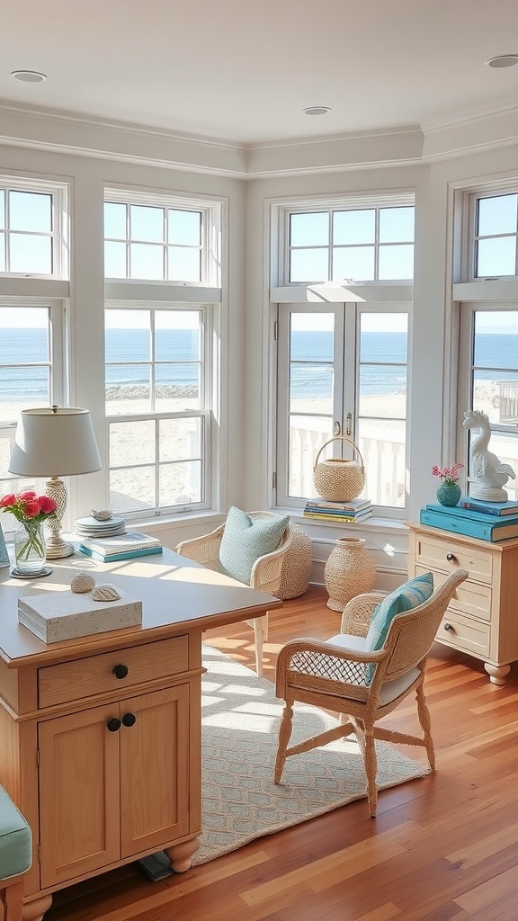 A bright home office with coastal decor, featuring large windows overlooking the beach, light wood furniture, and aqua accents.