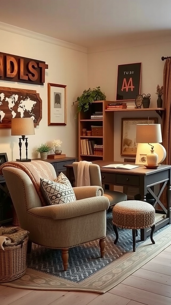 Cozy home office with a comfortable armchair, decorative pillows, and a small ottoman.