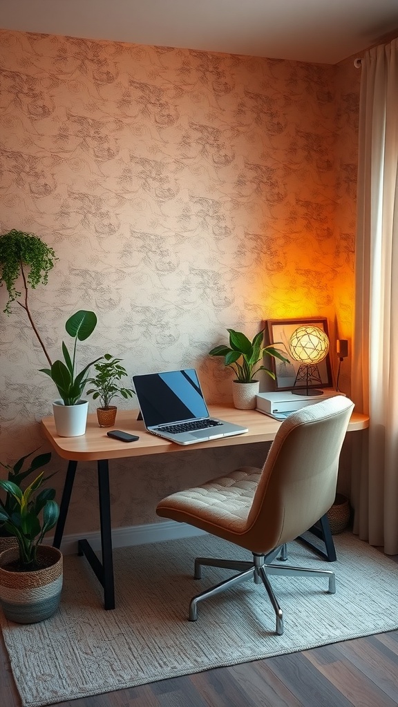 Cozy home office with warm wallpaper and plants.