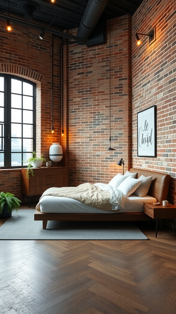 A modern industrial bedroom featuring exposed brick walls, wooden flooring, and contemporary furniture.