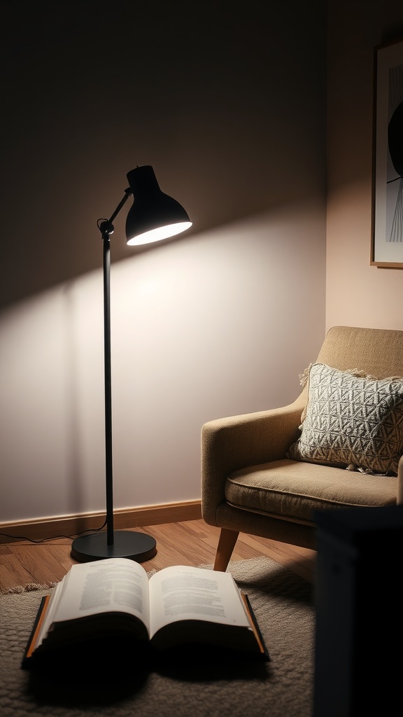 A cozy reading corner with a black floor lamp illuminating an open book on the floor next to a comfortable armchair.