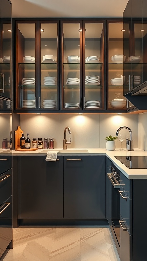 A modern small kitchen featuring glass-front cabinetry displaying white plates and glassware, with a stylish dark wood frame and under-cabinet lighting.