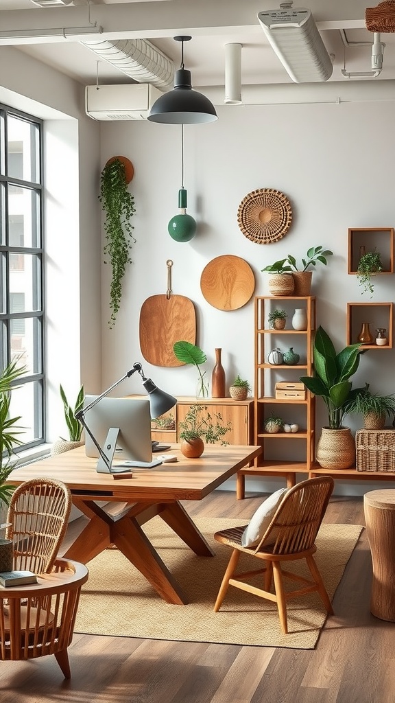 A modern office featuring handcrafted wooden furniture, plants, and decorative elements.