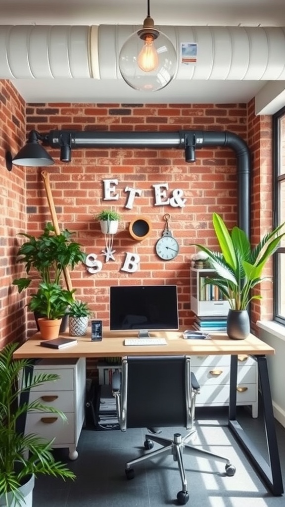 A stylish industrial home office with exposed brick, plants, and modern furniture.