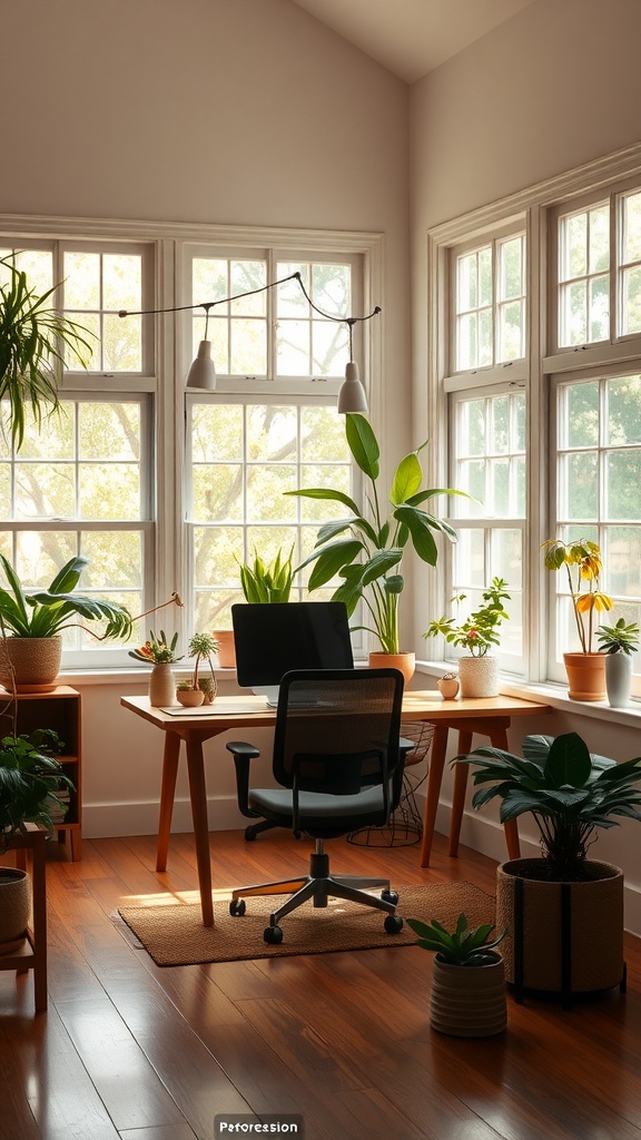 Cozy home office with large windows filled with plants, wooden furniture, and a computer setup.