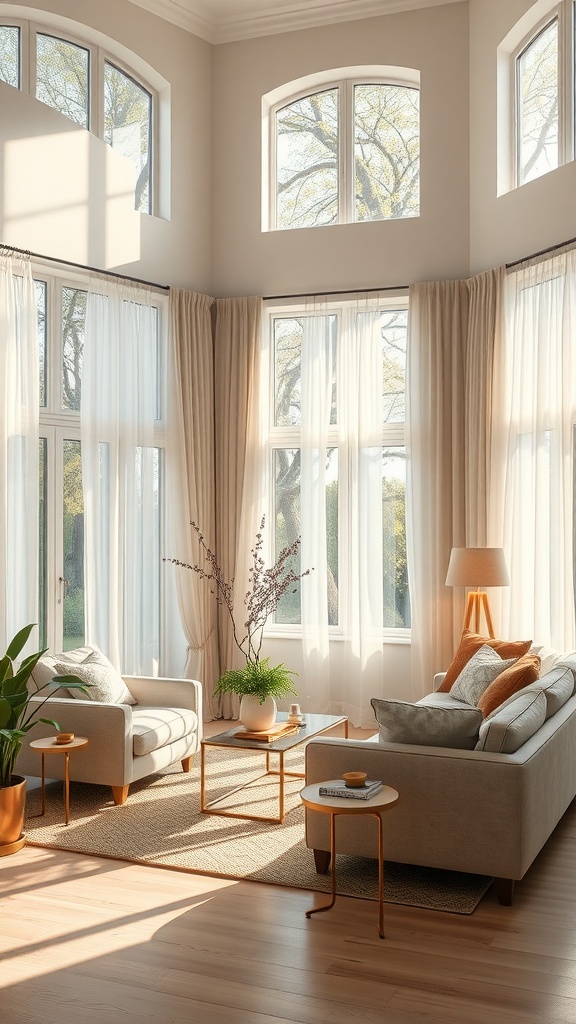 A bright living room with large windows, soft curtains, and comfortable furniture, showcasing the importance of natural light in interior design.