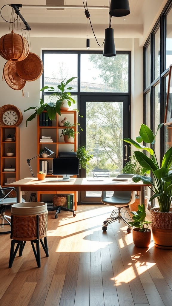 A bright and airy office space featuring a wooden desk, natural light, plants, and woven accents.