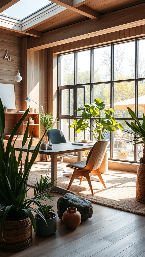 A bright and airy modern office space featuring natural wood textures, plants, and a cozy seating area.
