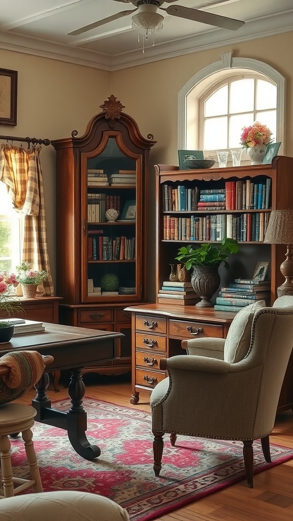 A cozy home office featuring vintage and antique furniture, including a wooden bookshelf, writing desk, and a comfortable armchair.