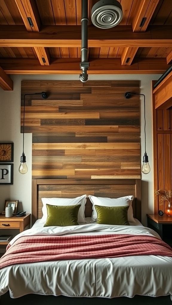 A modern industrial bedroom featuring a reclaimed wood accent wall, a bed with white linens and green pillows, and vintage light fixtures.