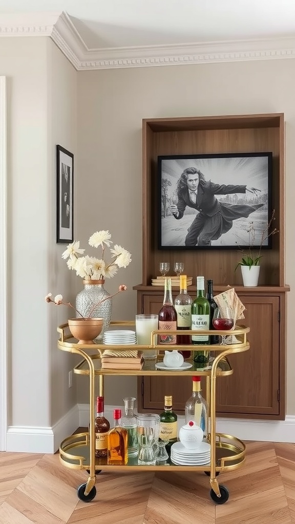 Stylish gold bar cart with various drinks and decorative elements in a living space.