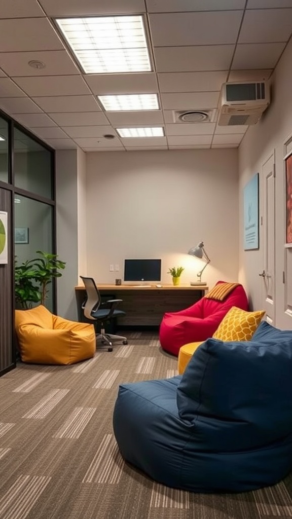 Chill-out zone in a small office with colorful bean bags and a desk