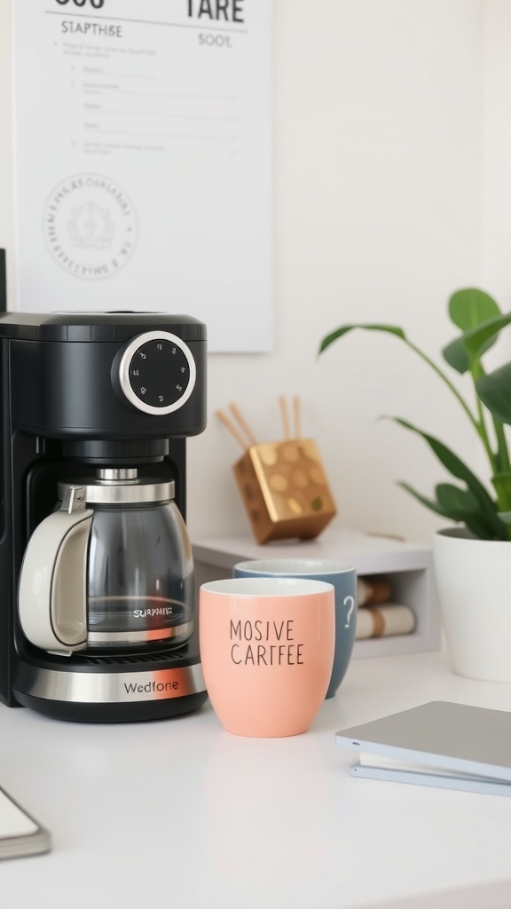 A coffee maker with colorful mugs on a desk, creating a cozy workspace atmosphere.
