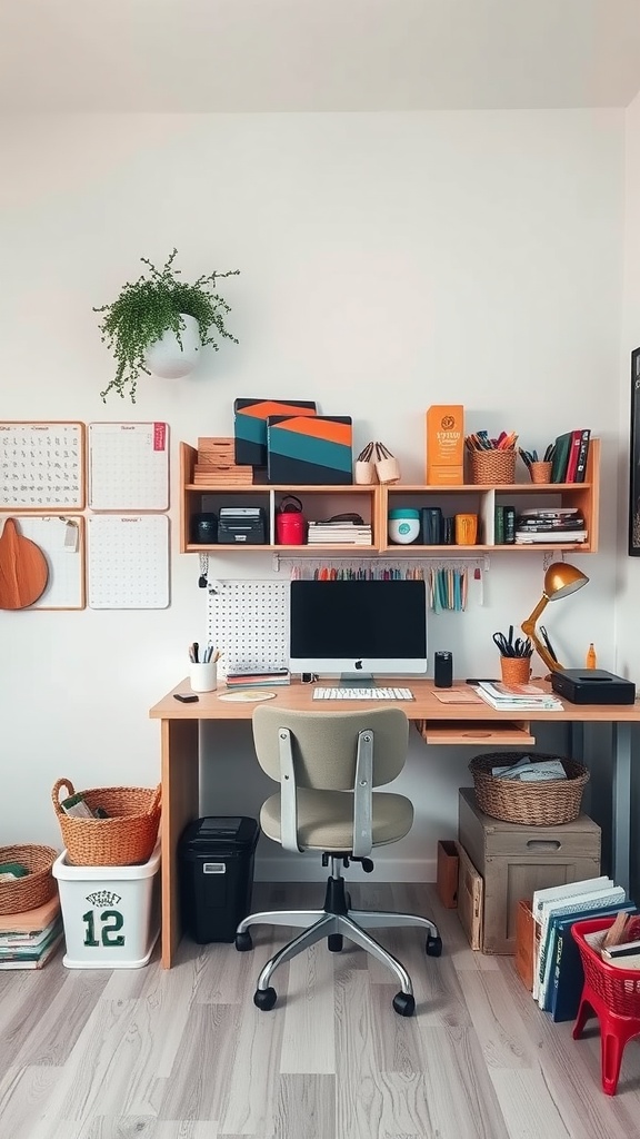 A bright and organized home office with a crafting area, featuring a desk, colorful supplies, and a hanging plant.