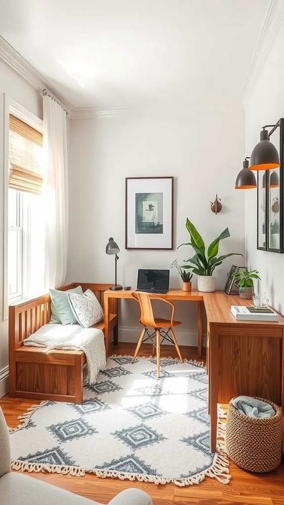 A small feminine home office featuring a daybed, a desk, and decorative plants