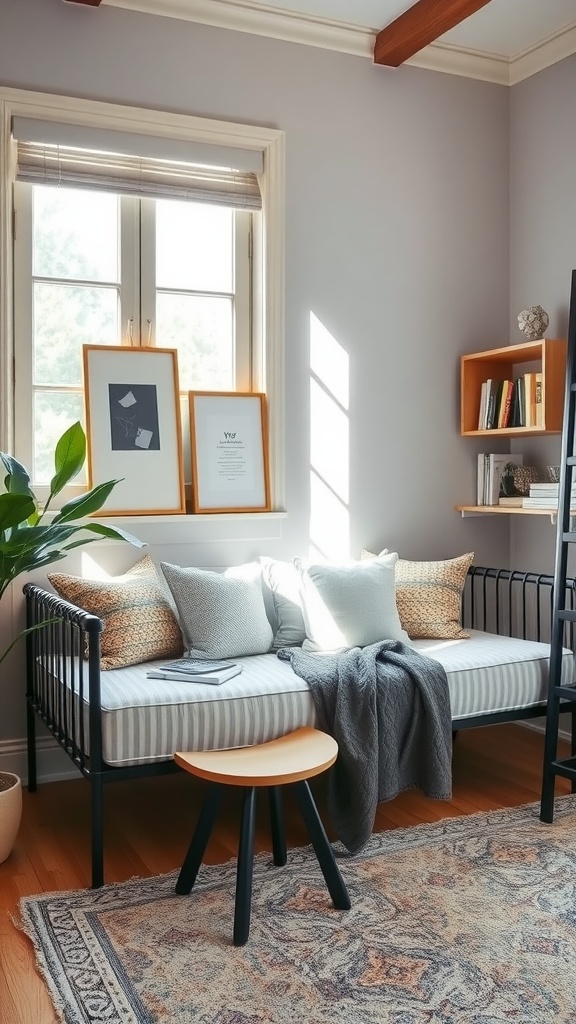 A cozy daybed with pillows and a throw blanket in a bright room with natural light
