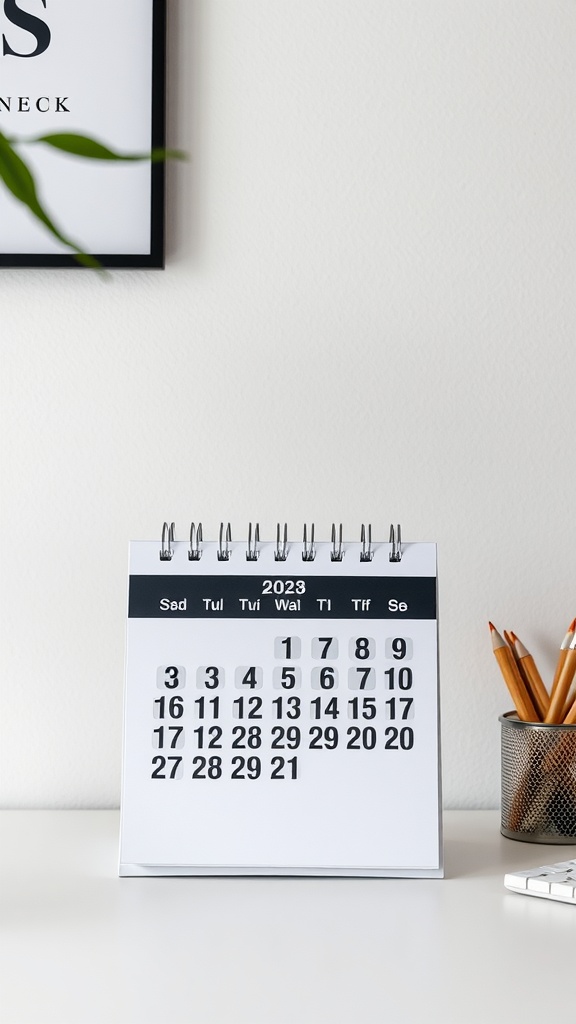 A 2023 desk calendar displayed on a minimalist home office desk with pencils in a holder