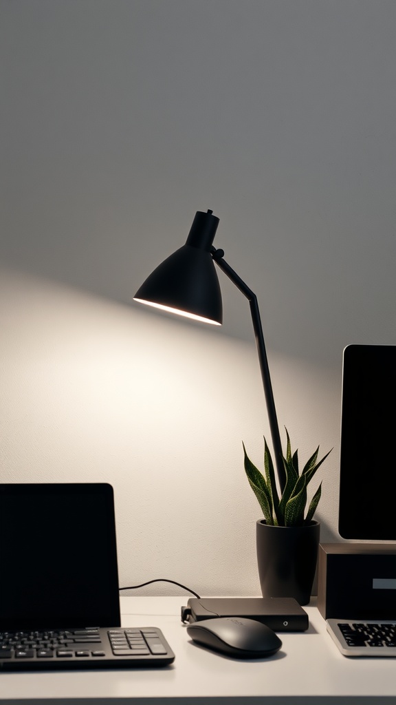 A minimalist desk lamp on a workspace with a laptop, mouse, and a small plant.