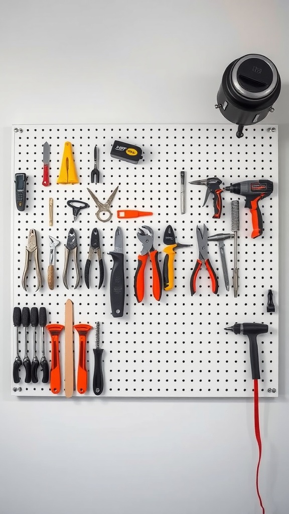 A white pegboard displaying various tools like pliers, scissors, and screwdrivers, neatly organized for easy access.