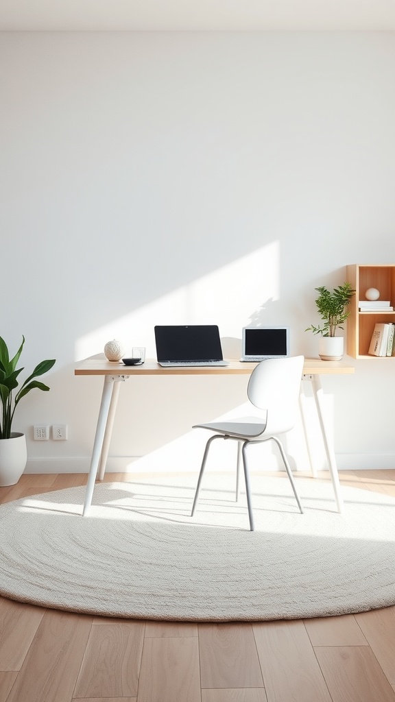 Minimalist home office with a soft area rug under a desk and chair