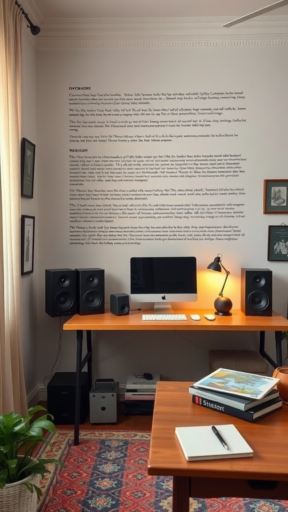 A cozy home office with a desk, computer, and sound system featuring speakers on either side.