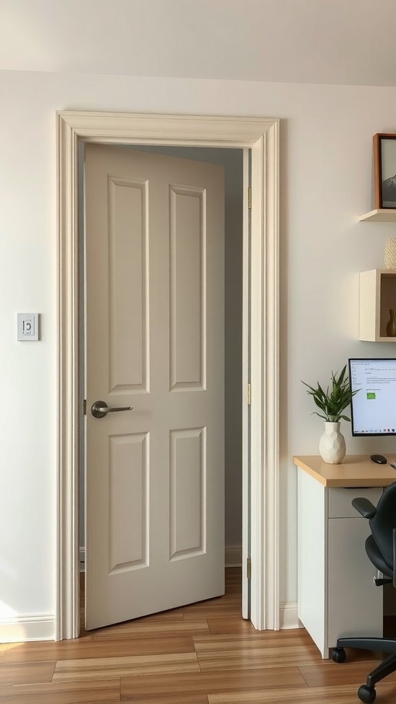 A soundproof door leading into a home office, showcasing a clean and simple design.