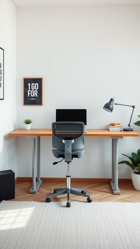 A small office setup featuring a standing desk, an ergonomic chair, a computer, and decorative elements.