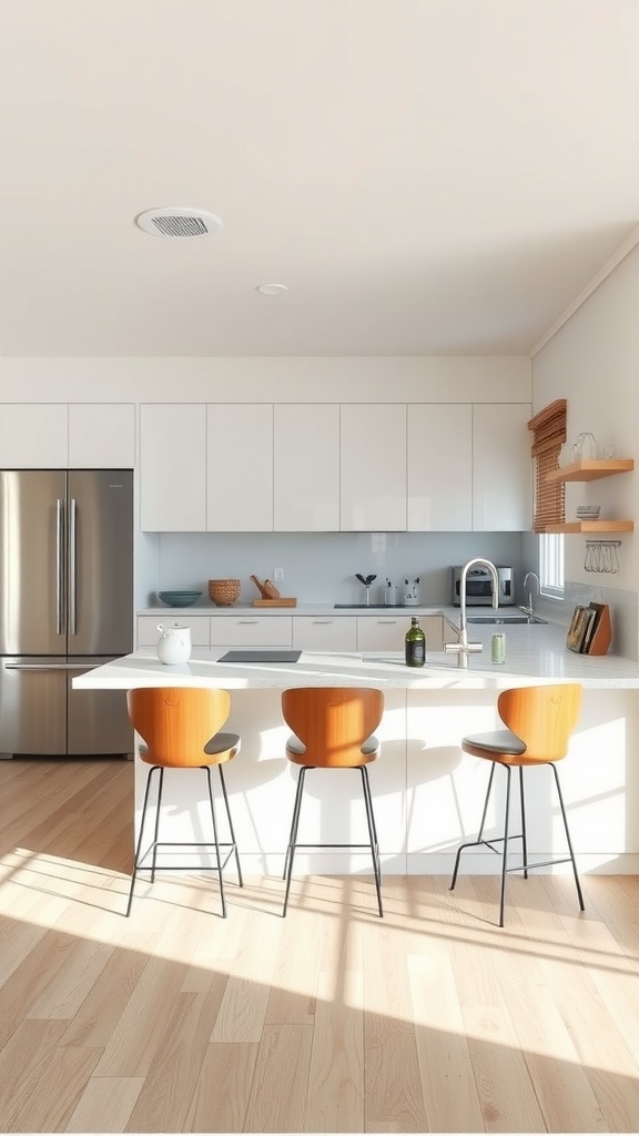 Modern U-shaped kitchen with a stylish breakfast bar and wooden bar stools