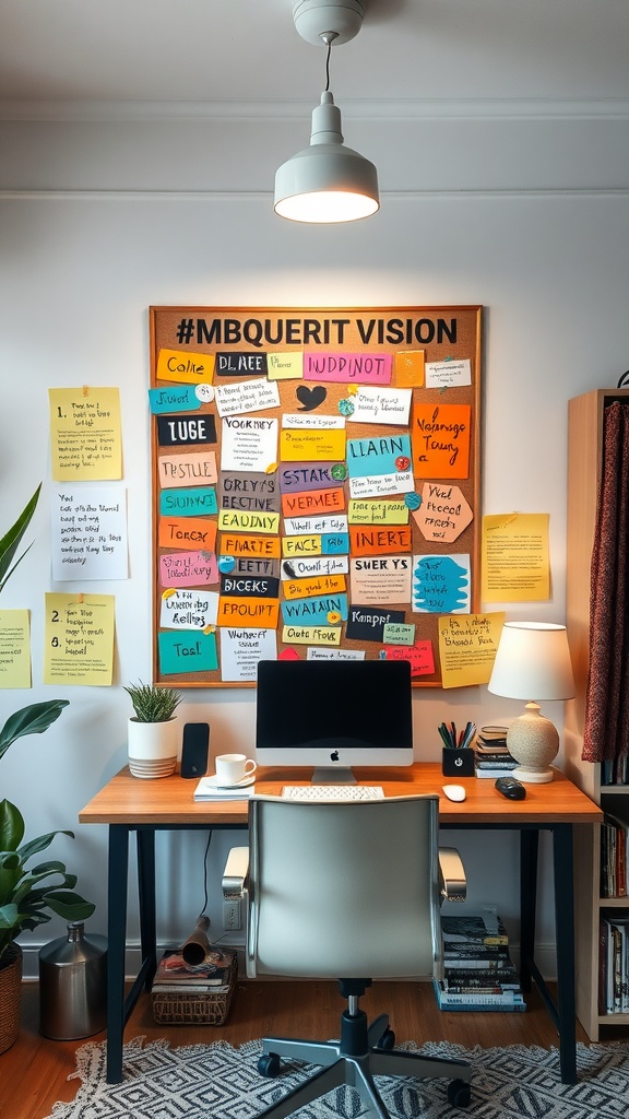 A colorful vision board filled with notes and messages in a home office setting.