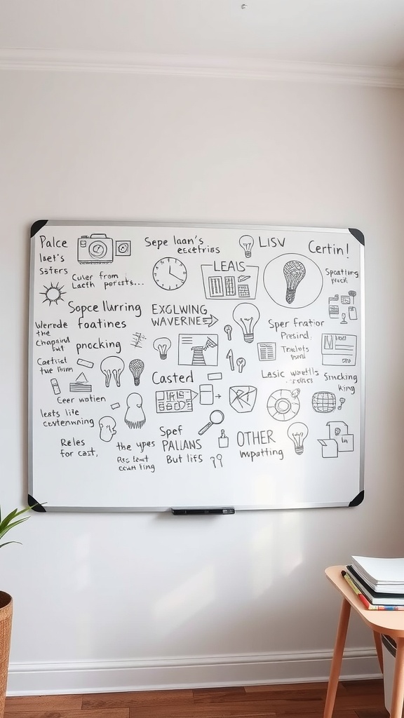 A whiteboard filled with doodles and notes in a home office setting.