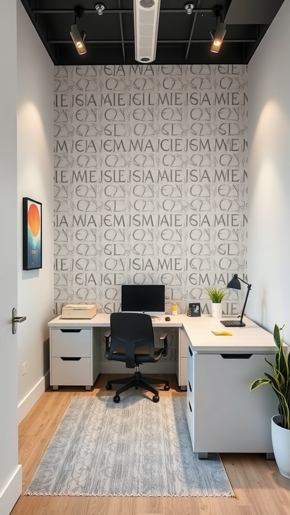Small office with a patterned accent wall featuring modern furniture and decor.