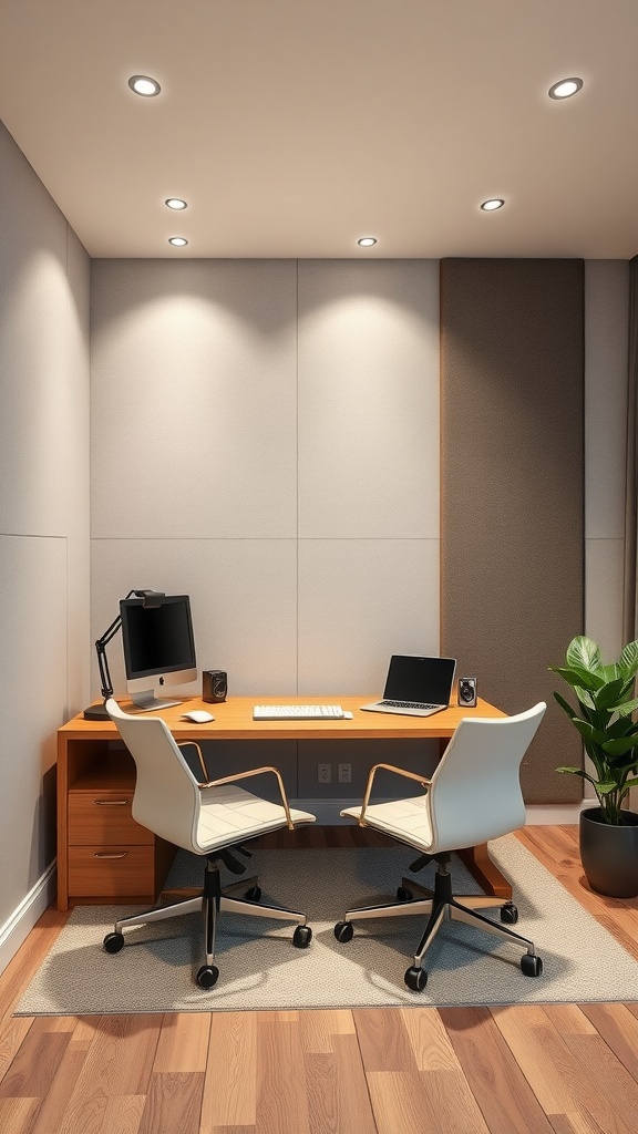 A modern home office featuring acoustic panels on the walls, a wooden desk with two chairs, and a plant for decoration.