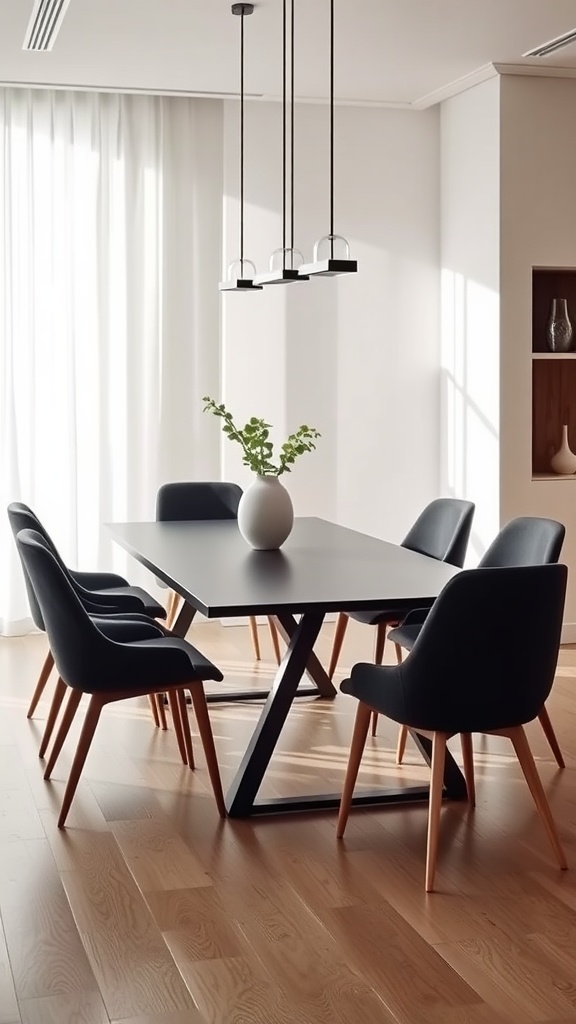 A modern dining area with a sleek black table and comfortable chairs, showcasing a minimalist style.