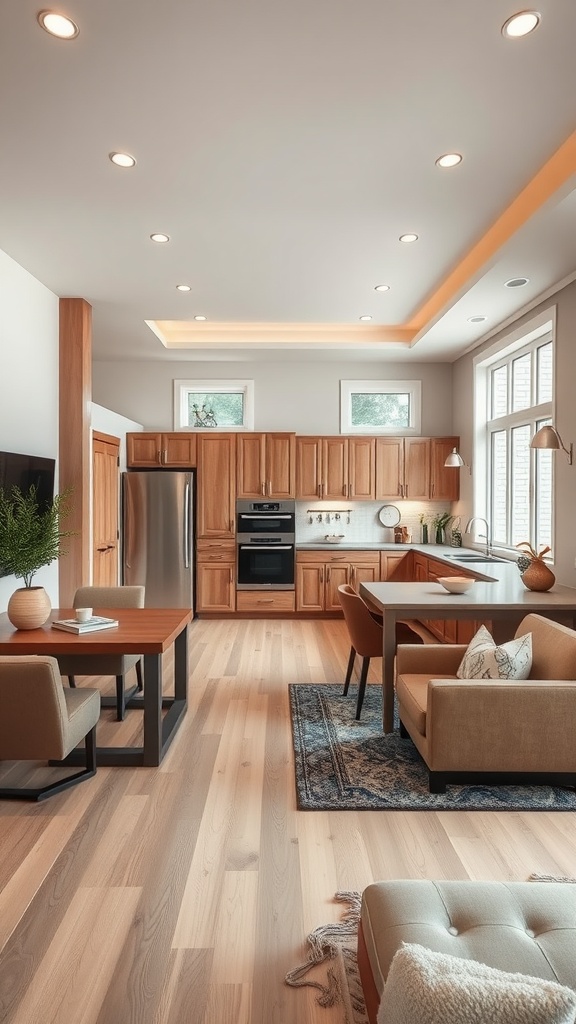 A modern U-shaped kitchen with a dining area, featuring wooden cabinets and warm lighting.