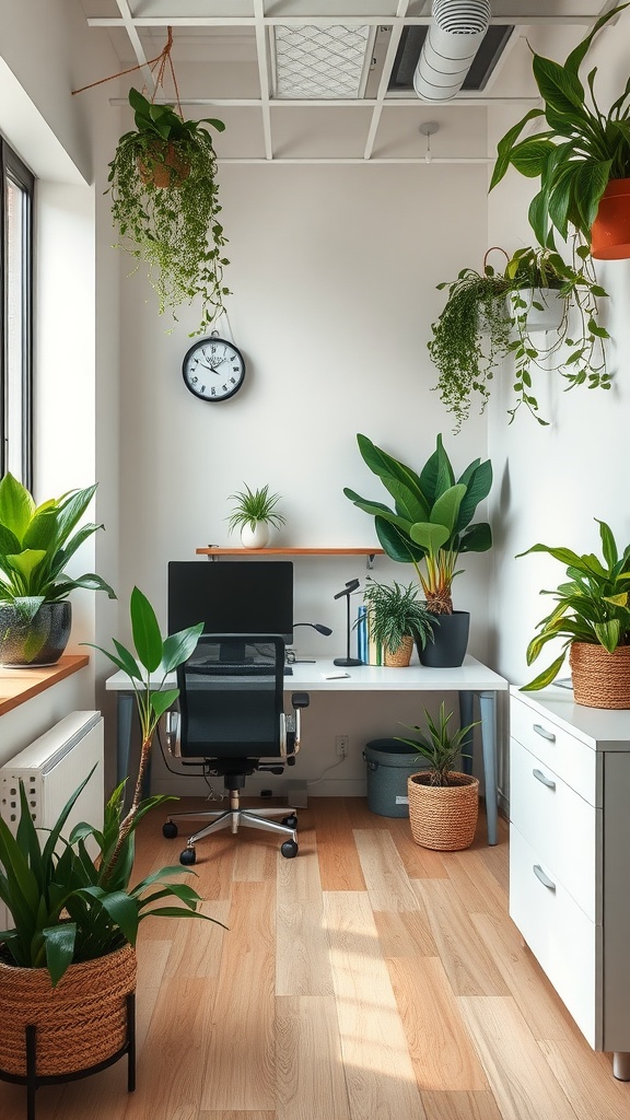 A small office with a desk, computer, and various potted plants creating a biophilic design.
