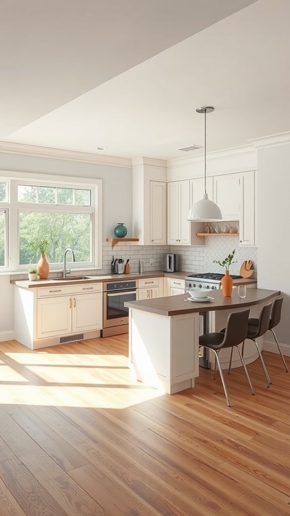 A modern U-shaped kitchen with built-in seating and a bright, airy feel.