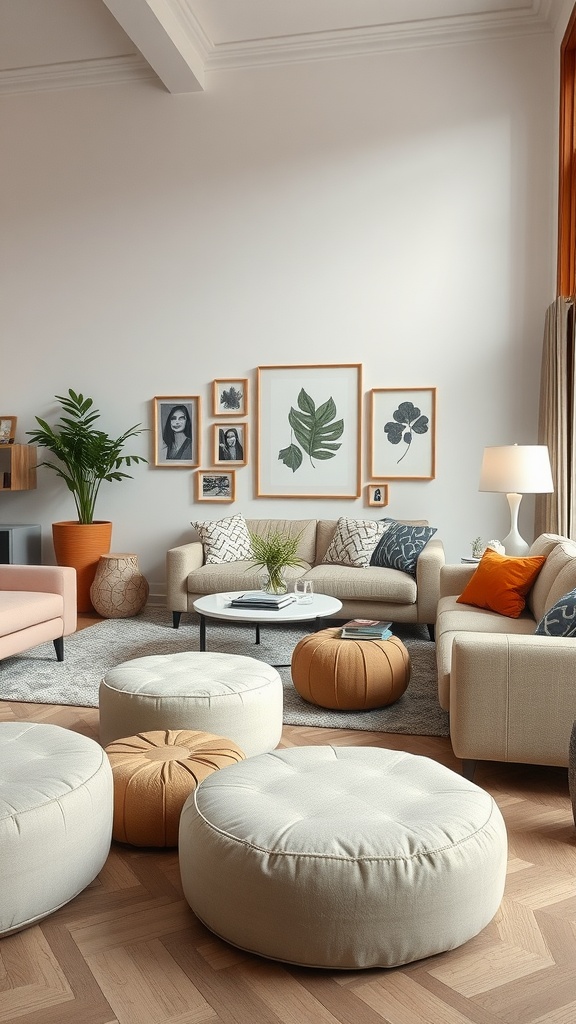 A cozy living room with diverse seating options including a sofa and round poufs, featuring a well-decorated wall.