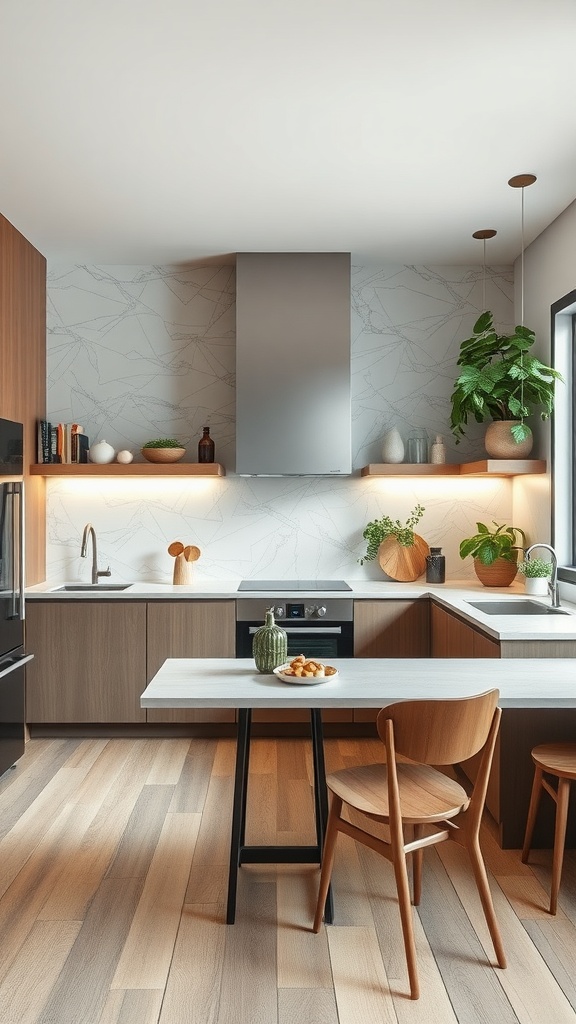 A modern U-shaped kitchen featuring eco-friendly materials, plants, and a warm color palette.