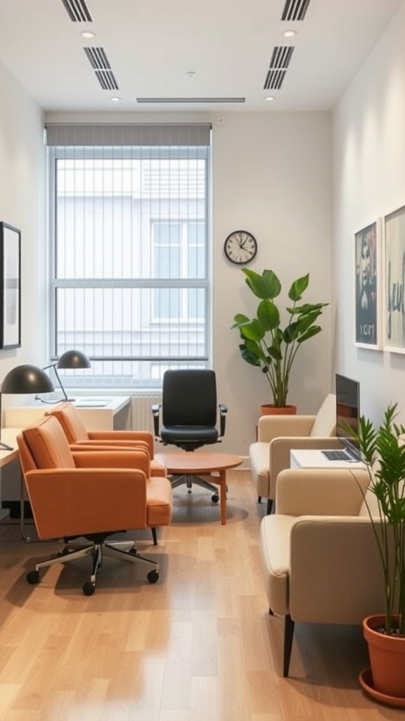 A small office featuring flexible furniture arrangements with orange and white chairs, a round table, and plants.