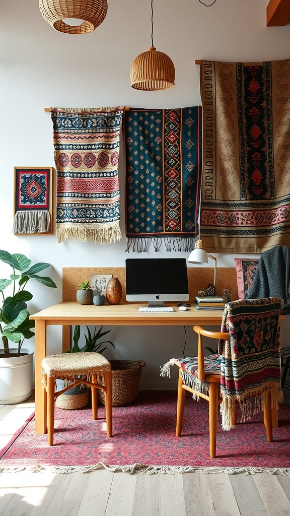 A boho home office featuring colorful global textiles on the walls, a wooden desk, and plants.