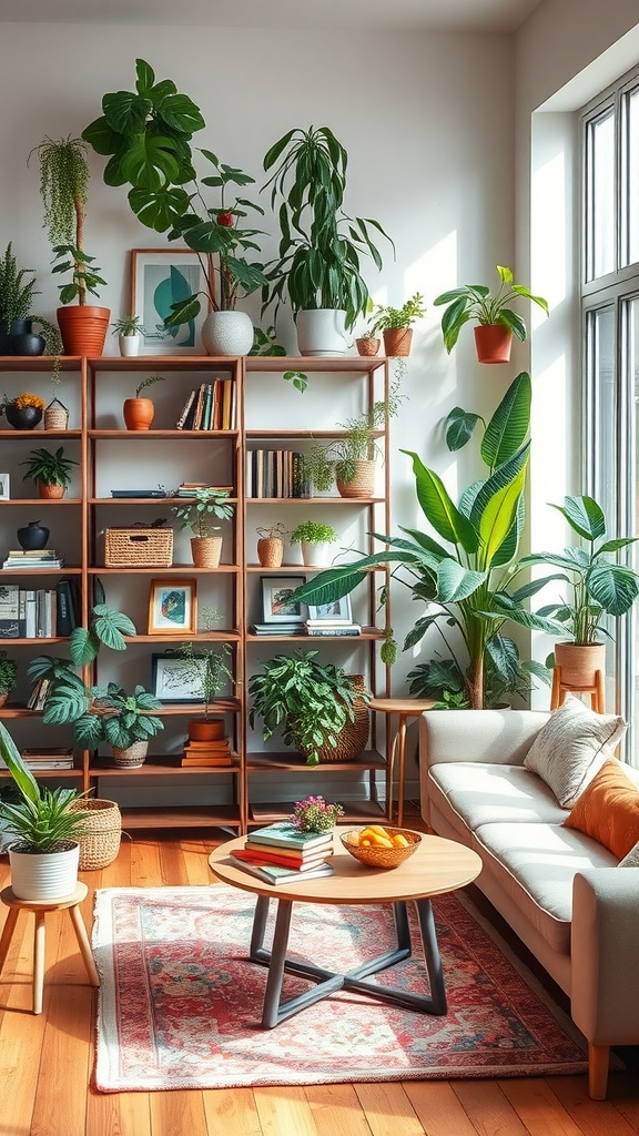 A well-decorated living room and dining room combo featuring various indoor plants on shelves and tables.