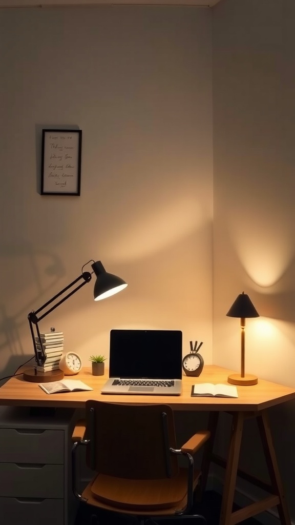 A cozy corner desk setup with lighting solutions, featuring a laptop, desk lamp, and decorative items.